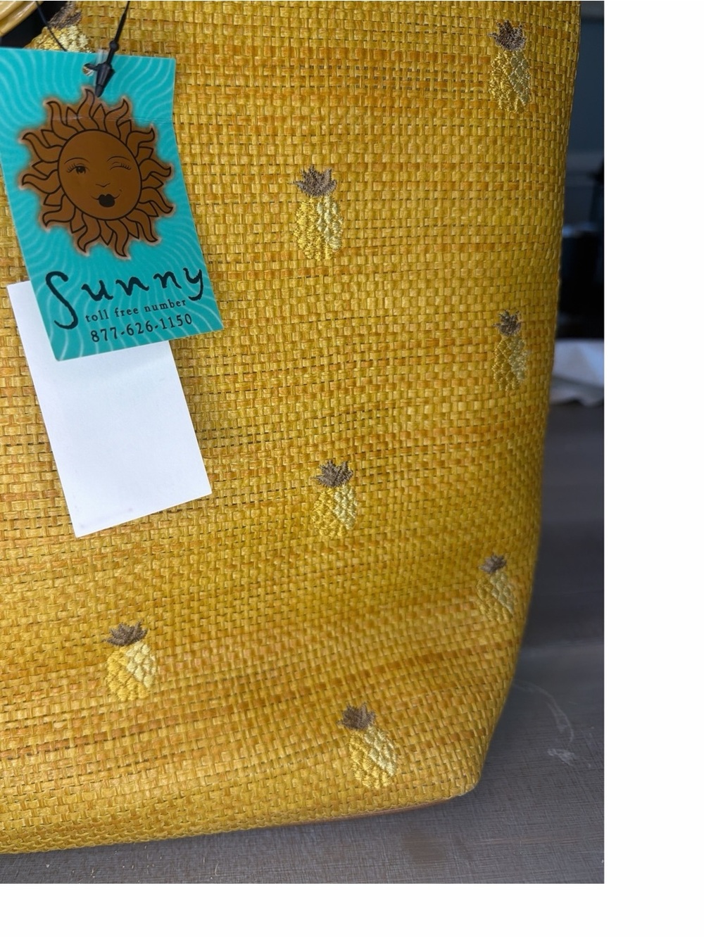 Yellow Pineapple Straw Beach Tote with Bamboo Handles By Sunny New! - Picture 4 of 5